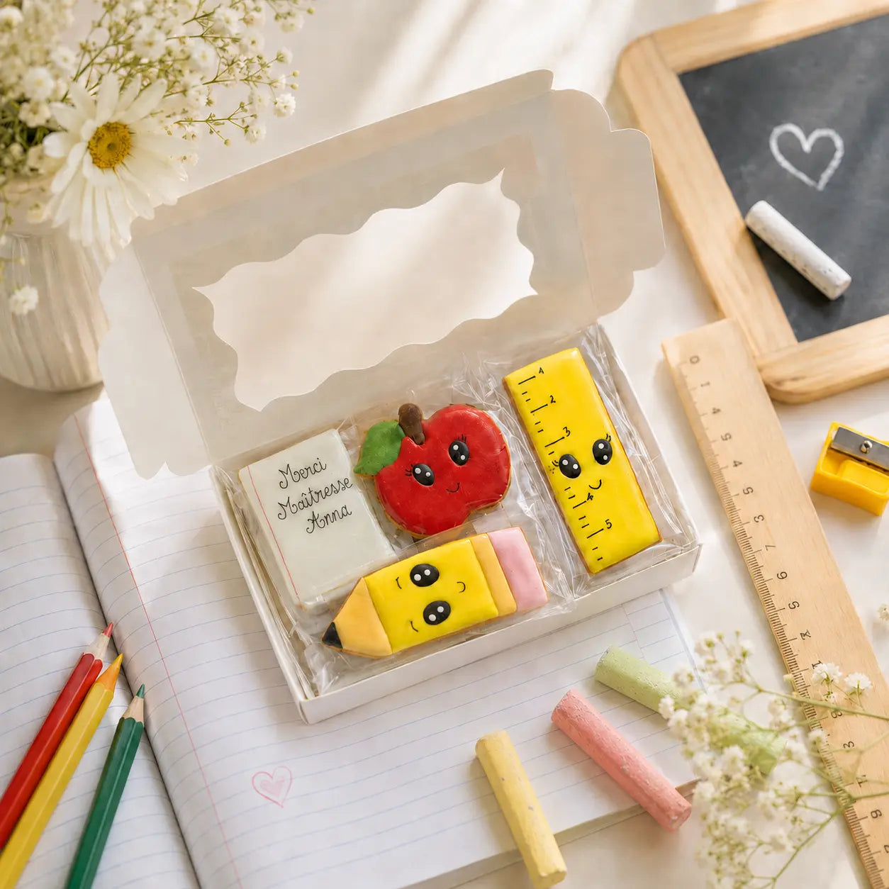 Coffret de sablés personnalisés maîtresse cadeau fin d’année scolaire
