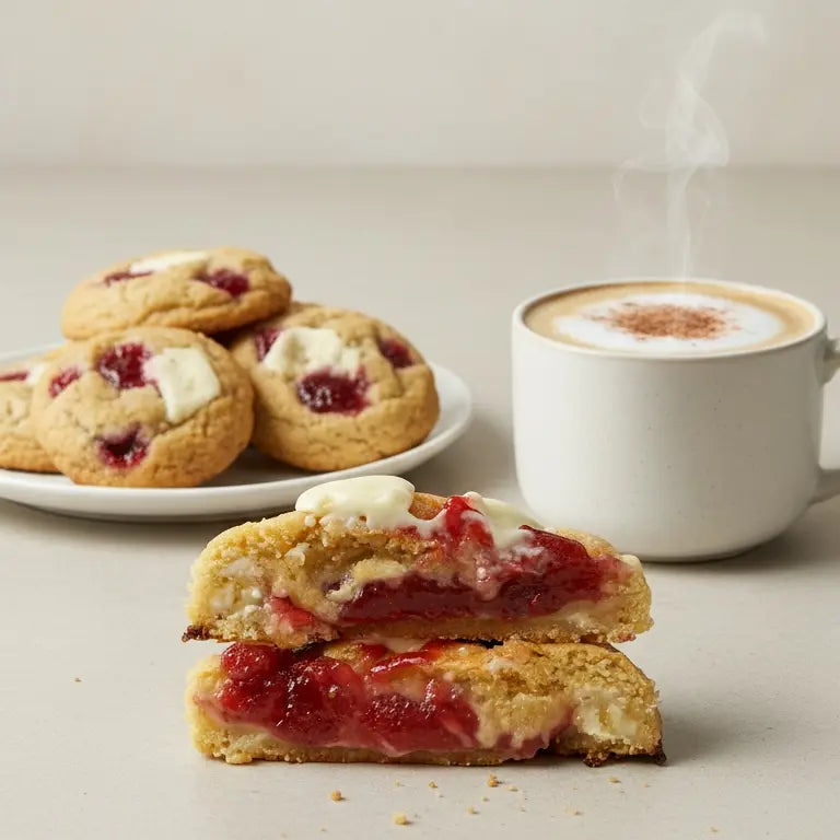 cookie fraise chocolat blanc avec une tass de café